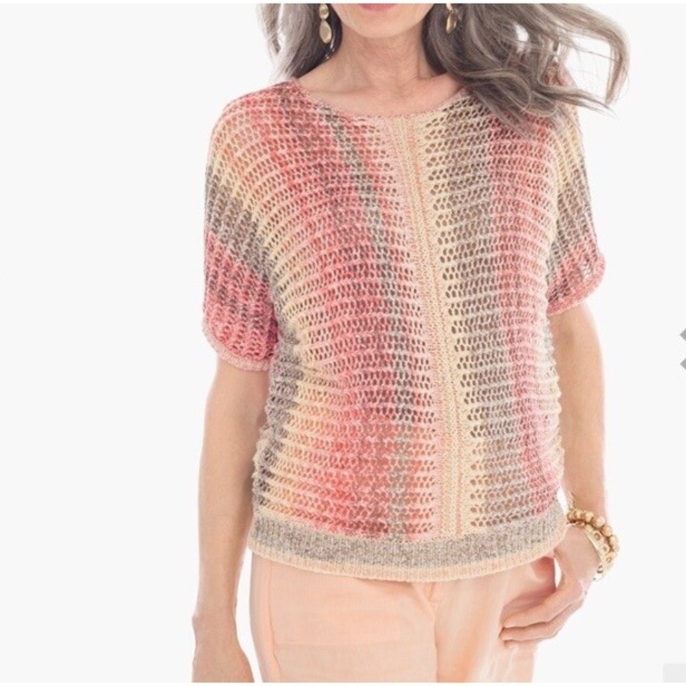Chicos Space-Dye Pullover Open Knit‎ Short Sleeve Sweater Cotton Coastal XL NWT